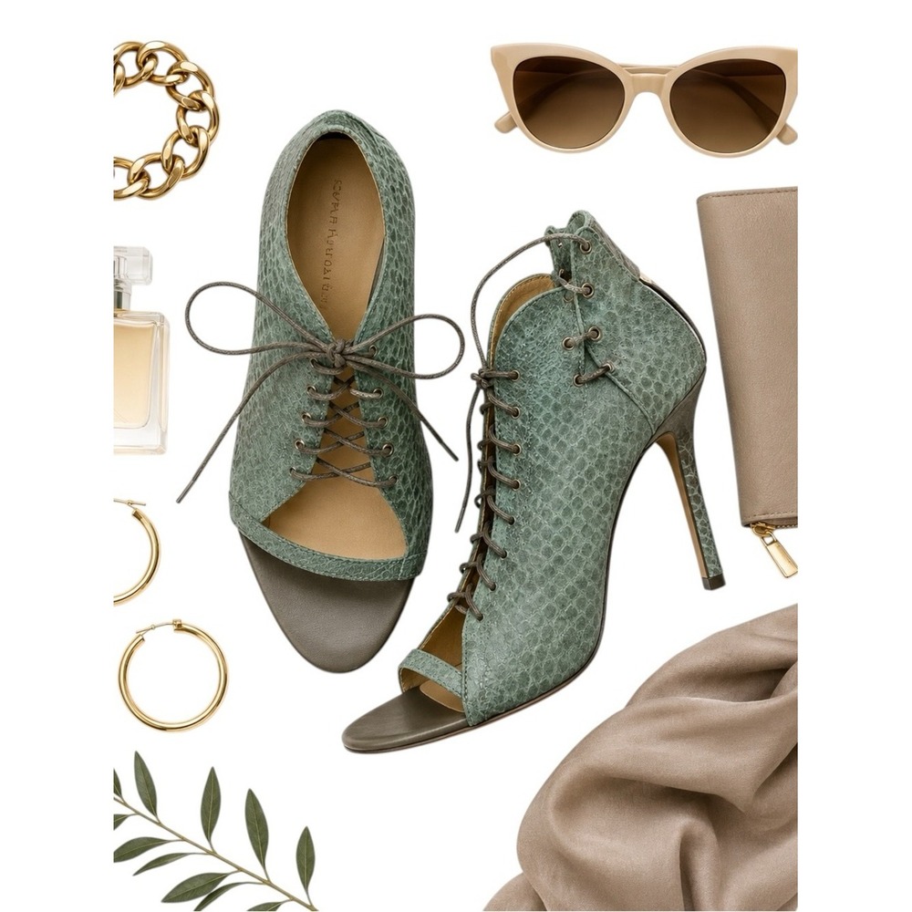 Camilla Skovgaard Green Python Lace Up Peep Toe Heels EU36 US5.5 Rare w/ defect